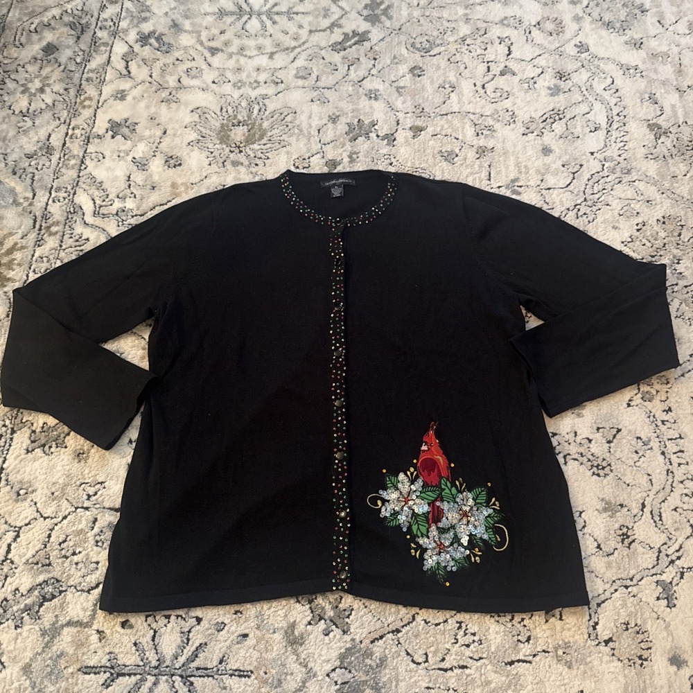 Womans Large XL Sweater  Cardinal Poinsettia Embroidered Beaded Full Zip